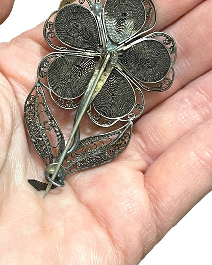 Antique silver filagree large flower brooch rhinestone china export