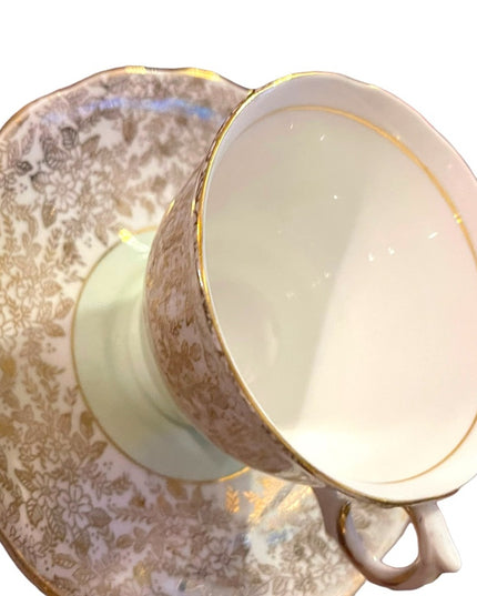 Vintage Colclough tea cup and saucer pastel green floral floral England gold