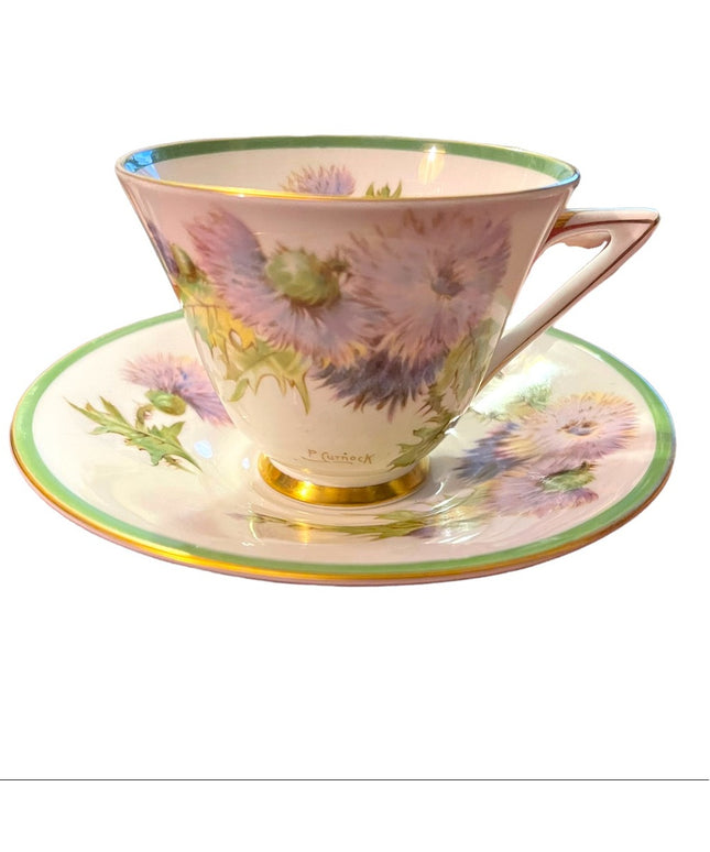 Royal Doulton England Tea Cup Saucer thistle floral flowers Fine china Vintage