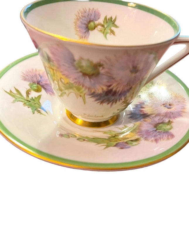 Royal Doulton England Tea Cup Saucer thistle floral flowers Fine china Vintage
