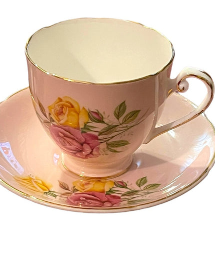 Vintage Pastel pink Cabbage roses yellow floral flower Tea cup & Saucer English