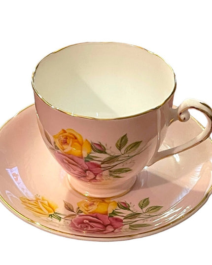 Vintage Pastel pink Cabbage roses yellow floral flower Tea cup & Saucer English