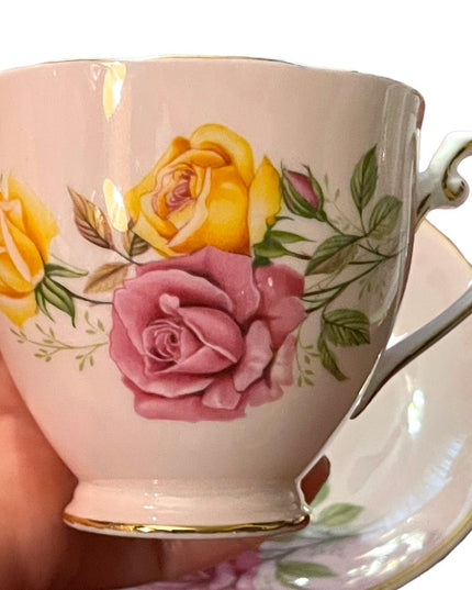 Vintage Pastel pink Cabbage roses yellow floral flower Tea cup & Saucer English