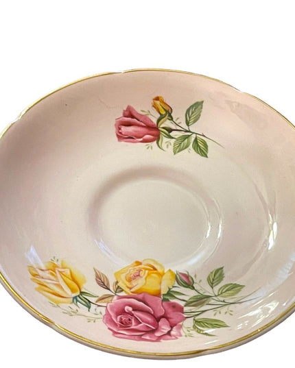 Vintage Pastel pink Cabbage roses yellow floral flower Tea cup & Saucer English