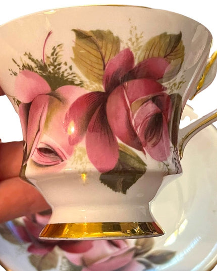 Vintage Royal Windsor Tea cup and saucer pink roses flower floral set bone china