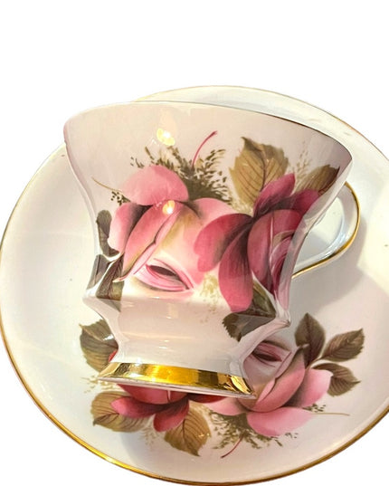 Vintage Royal Windsor Tea cup and saucer pink roses flower floral set bone china