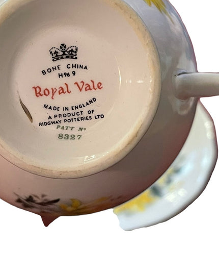 Vintage Royal Vale yellow floral flowers Bone china tea cup & saucers England