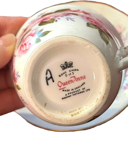 Vintage Queen Anne Pink Roses Bone China tea cup & saucer England