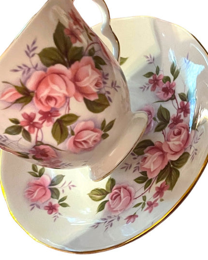 Vintage Queen Anne Pink Roses Bone China tea cup & saucer England