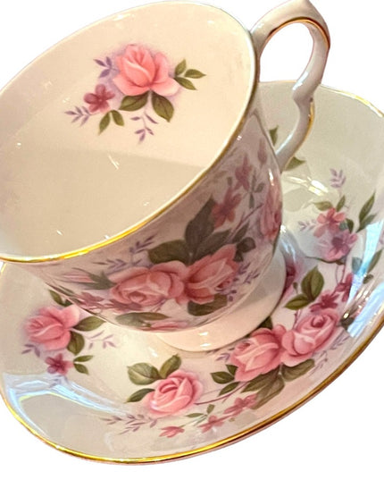 Vintage Queen Anne Pink Roses Bone China tea cup & saucer England