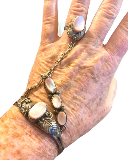 Vintage 1960s Sterling Silver Navajo marked MOP Squash Blossom slave Bracelet