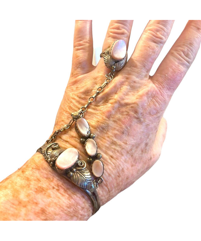 Vintage 1960s Sterling Silver Navajo marked MOP Squash Blossom slave Bracelet