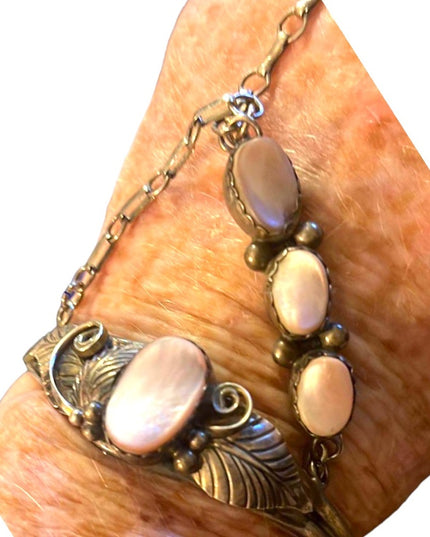 Vintage 1960s Sterling Silver Navajo marked MOP Squash Blossom slave Bracelet