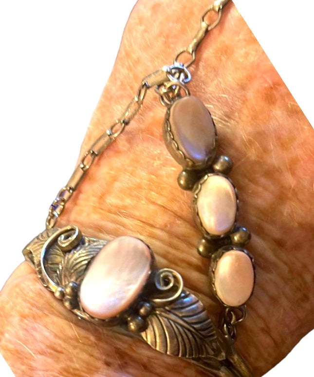 Vintage 1960s Sterling Silver Navajo marked MOP Squash Blossom slave Bracelet