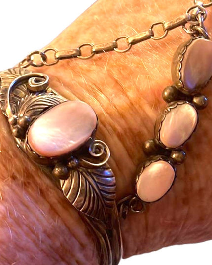 Vintage 1960s Sterling Silver Navajo marked MOP Squash Blossom slave Bracelet