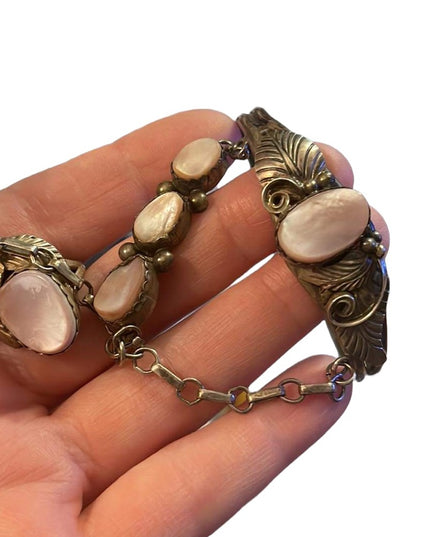 Vintage 1960s Sterling Silver Navajo marked MOP Squash Blossom slave Bracelet