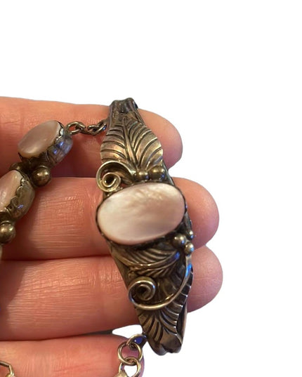 Vintage 1960s Sterling Silver Navajo marked MOP Squash Blossom slave Bracelet