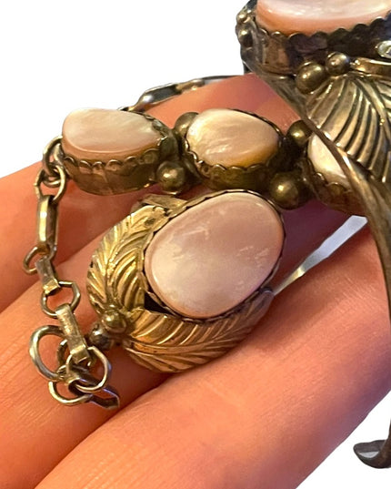 Vintage 1960s Sterling Silver Navajo marked MOP Squash Blossom slave Bracelet