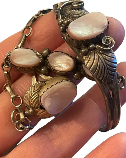 Vintage 1960s Sterling Silver Navajo marked MOP Squash Blossom slave Bracelet