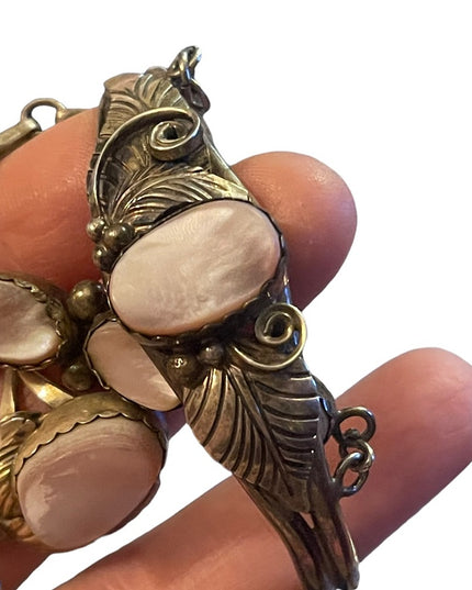Vintage 1960s Sterling Silver Navajo marked MOP Squash Blossom slave Bracelet