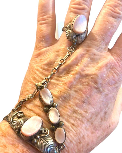 Vintage 1960s Sterling Silver Navajo marked MOP Squash Blossom slave Bracelet