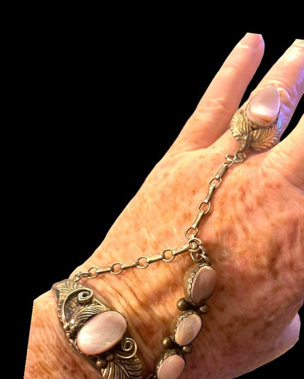 Vintage 1960s Sterling Silver Navajo marked MOP Squash Blossom slave Bracelet