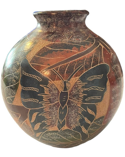 Vintage Nicaraguan Terra Cotta Hand carved painted pottery vase Butterfly