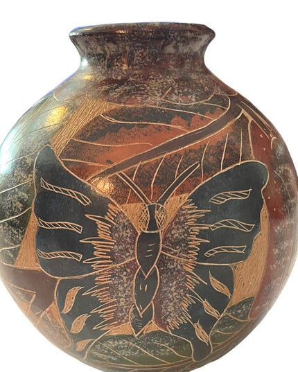 Vintage Nicaraguan Terra Cotta Hand carved painted pottery vase Butterfly