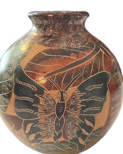 Vintage Nicaraguan Terra Cotta Hand carved painted pottery vase Butterfly