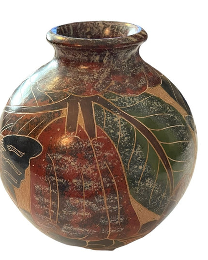 Vintage Nicaraguan Terra Cotta Hand carved painted pottery vase Butterfly