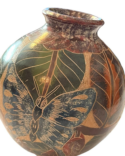 Vintage Nicaraguan Terra Cotta Hand carved painted pottery vase Butterfly