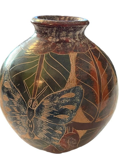 Vintage Nicaraguan Terra Cotta Hand carved painted pottery vase Butterfly