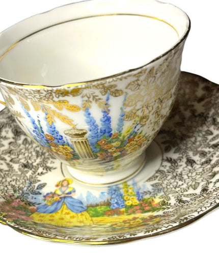 COLCLOUGH TEACUP & SAUCER BONE CHINA TEA SET DUO CRINOLINE LADY AND GOLD CHINTZ