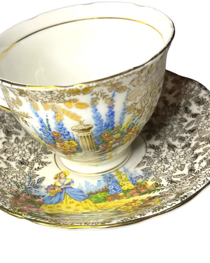 COLCLOUGH TEACUP & SAUCER BONE CHINA TEA SET DUO CRINOLINE LADY AND GOLD CHINTZ