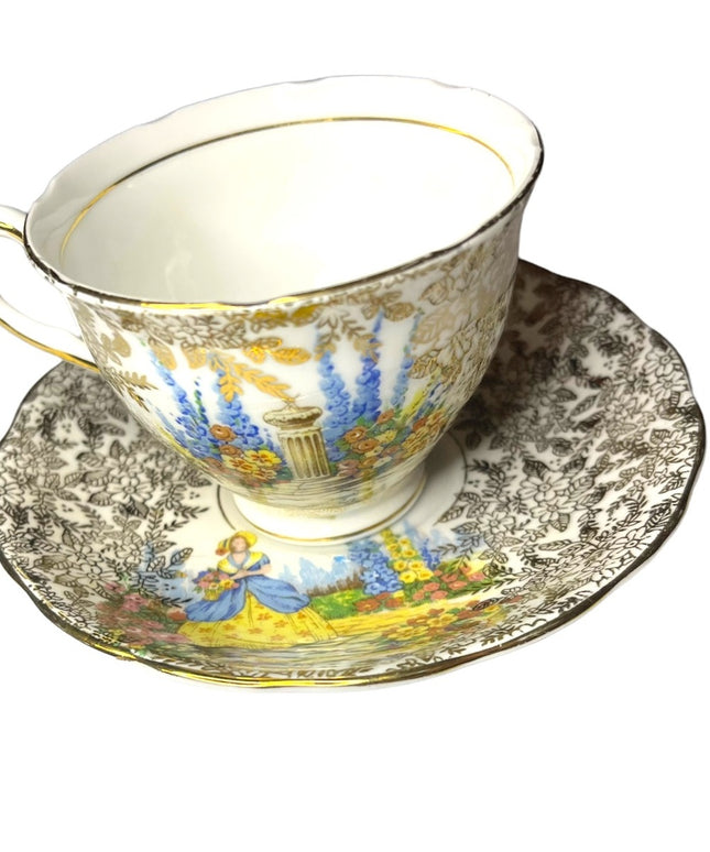COLCLOUGH TEACUP & SAUCER BONE CHINA TEA SET DUO CRINOLINE LADY AND GOLD CHINTZ