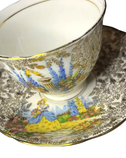 COLCLOUGH TEACUP & SAUCER BONE CHINA TEA SET DUO CRINOLINE LADY AND GOLD CHINTZ