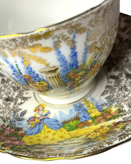 COLCLOUGH TEACUP & SAUCER BONE CHINA TEA SET DUO CRINOLINE LADY AND GOLD CHINTZ