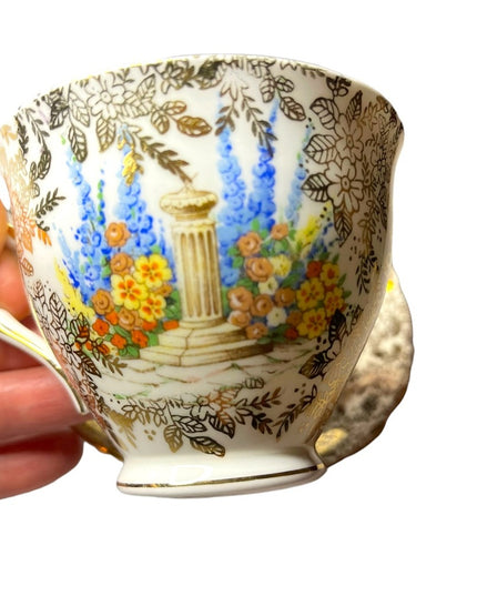 COLCLOUGH TEACUP & SAUCER BONE CHINA TEA SET DUO CRINOLINE LADY AND GOLD CHINTZ