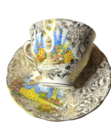 COLCLOUGH TEACUP & SAUCER BONE CHINA TEA SET DUO CRINOLINE LADY AND GOLD CHINTZ