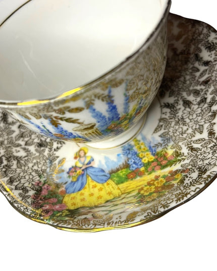 COLCLOUGH TEACUP & SAUCER BONE CHINA TEA SET DUO CRINOLINE LADY AND GOLD CHINTZ