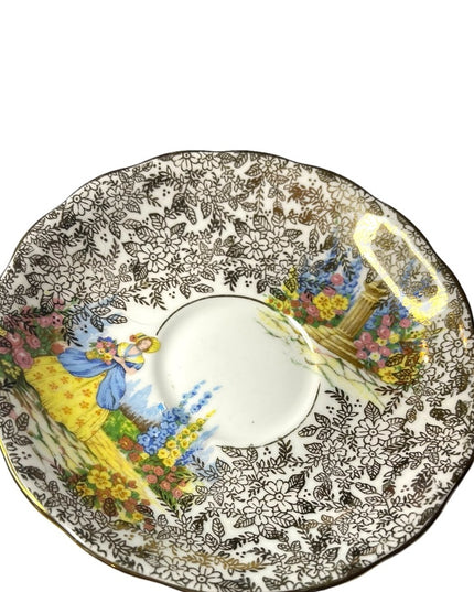 COLCLOUGH TEACUP & SAUCER BONE CHINA TEA SET DUO CRINOLINE LADY AND GOLD CHINTZ