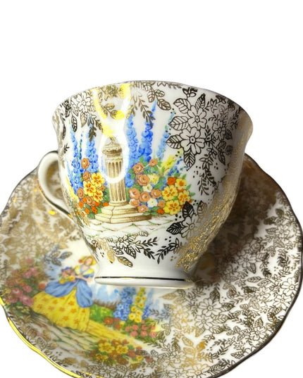 COLCLOUGH TEACUP & SAUCER BONE CHINA TEA SET DUO CRINOLINE LADY AND GOLD CHINTZ
