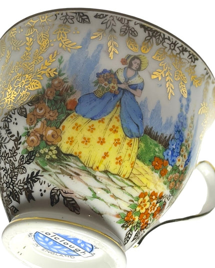 COLCLOUGH TEACUP & SAUCER BONE CHINA TEA SET DUO CRINOLINE LADY AND GOLD CHINTZ