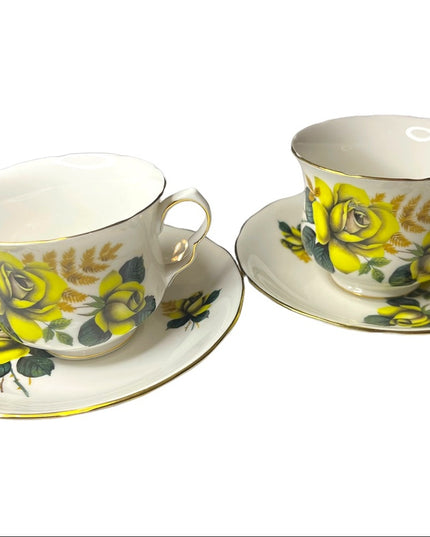Vintage Queen Anne Yellow roses 2 Sets Tea cup & saucers England Bone China