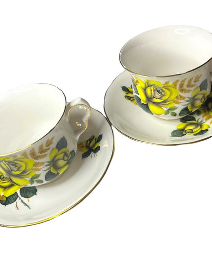 Vintage Queen Anne Yellow roses 2 Sets Tea cup & saucers England Bone China