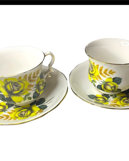 Vintage Queen Anne Yellow roses 2 Sets Tea cup & saucers England Bone China