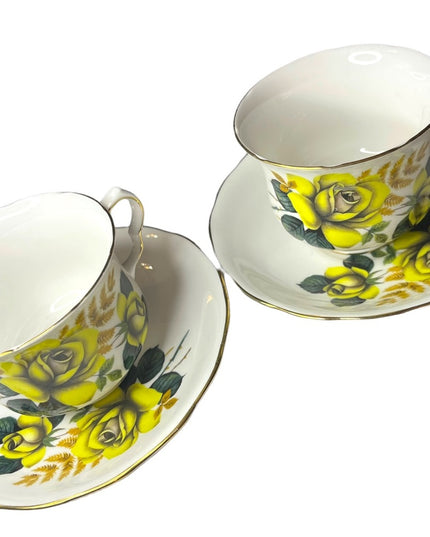 Vintage Queen Anne Yellow roses 2 Sets Tea cup & saucers England Bone China