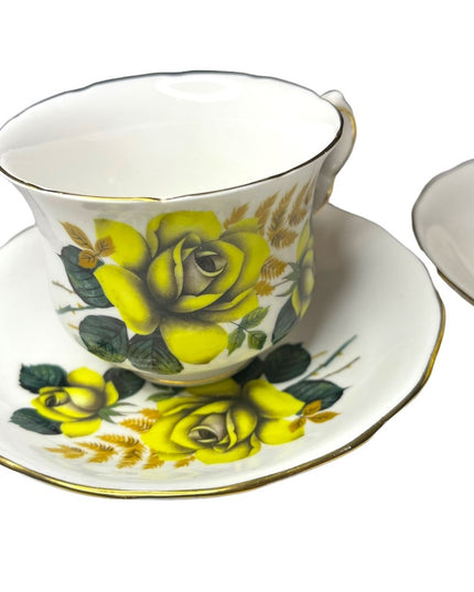Vintage Queen Anne Yellow roses 2 Sets Tea cup & saucers England Bone China