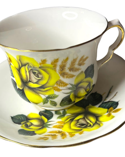 Vintage Queen Anne Yellow roses 2 Sets Tea cup & saucers England Bone China