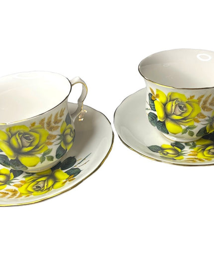 Vintage Queen Anne Yellow roses 2 Sets Tea cup & saucers England Bone China